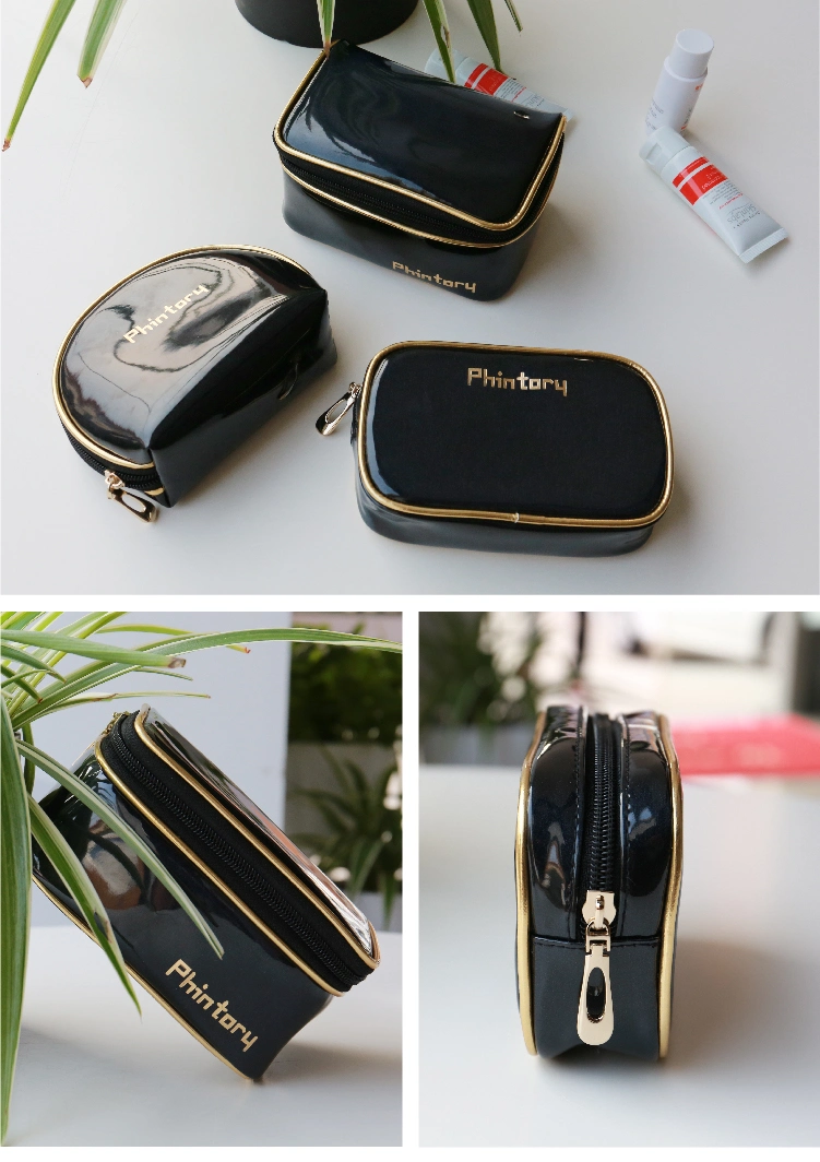 Wholesale Luxury Black Shiny PU Toiletry Cosmetic Bag Travel Bag