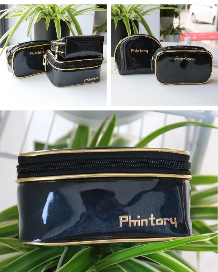 Wholesale Luxury Black Shiny PU Toiletry Cosmetic Bag Travel Bag